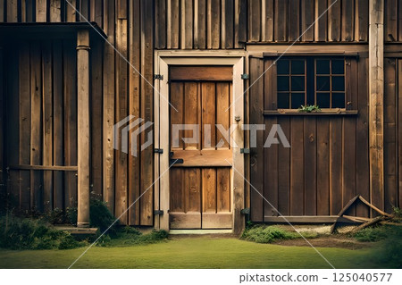Vintage Wooden Door on a Rustic Brown Cabin Surrounded by Greenery Vintage Wooden Door on a Rustic Brown Cabin Surrounded by Greenery 125040577