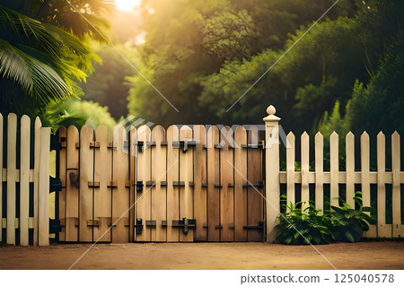 Golden Hour Glow on Rustic Wooden Gate Amidst Lush Greenery Golden Hour Glow on Rustic Wooden Gate Amidst Lush Greenery 125040578