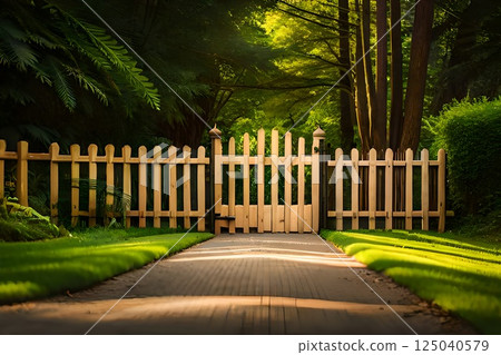 Sunlit Wooden Gate Opening to Enchanting Green Forest Pathway 125040579