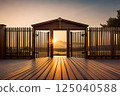 Sunset Gateway, Wooden Deck Overlooking Panoramic Mountain Landscape 125040588