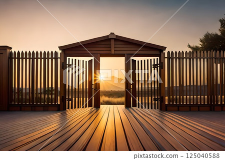 Sunset Gateway, Wooden Deck Overlooking Panoramic Mountain Landscape 125040588