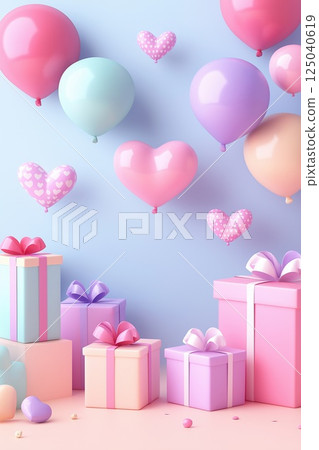 Colorful gift boxes with bows and balloons 125040619