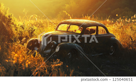 A wide-angle capture of a forgotten vintage car resting in an overgrown field, bathed in the golden glow of sunset. Generative AI A wide-angle capture of a forgotten vintage car resting in an overgrown field, bathed in the golden glow of sunset. Generative AI 125040651