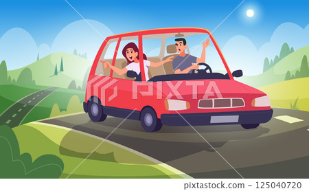 Driver talking. Passengers in different situations inside car exact vector cartoon background illustration Driver talking. Passengers in different situations inside car exact vector cartoon background illustration 125040720