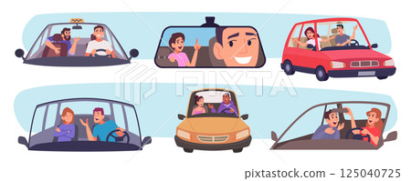 Drivers inside car. People talking and driving automobile exact vector dialogue situations from driver and passengers 125040725