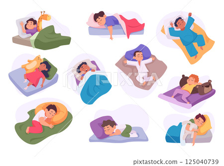 Sleeping kids. Peacefully adorable kids sleeping or relaxing in cozy places exact vector illustrations set in cartoon style 125040739