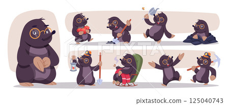 Mole. Wild animal in cartoon style exact vector funny mole in different poses Mole. Wild animal in cartoon style exact vector funny mole in different poses 125040743