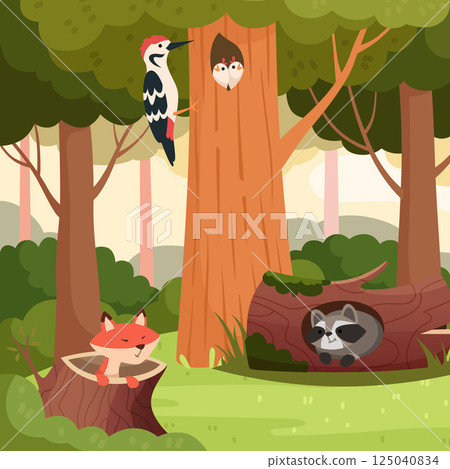 Wood animals. raccoon fox and woodpecker in forest. vector cartoon background Wood animals. raccoon fox and woodpecker in forest. vector cartoon background 125040834