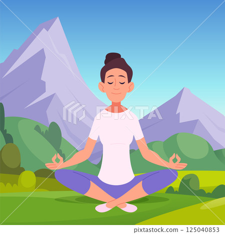 Woman yoga. girl sitting in yoga asana and relaxing outdoor background with beautiful mountains Woman yoga. girl sitting in yoga asana and relaxing outdoor background with beautiful mountains 125040853
