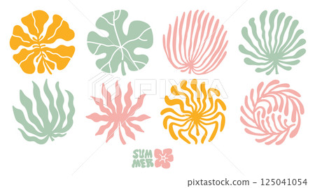 Set with abstract minimalist boho trendy leaves in mid century style. Silhouette of palm leaves in a square, circle, semicircle, rectangle in an earthy palette. 125041054