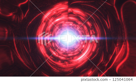 Red and blue light tunnel with glowing concentric lines and bright central light, offering a dynamic, futuristic aesthetic with a cyberpunk feel background 125041064