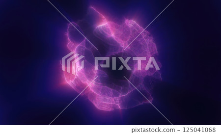 A purple glowing fragmented sphere, resembling a futuristic energy core suspended in darkness 125041068