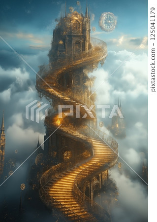 Surreal stairway wrapped in golden glow ascends into sky vintage clocks hover around symbolizing mystical journey dreamlike symbols vintage concept infinite ascent timeless representation. Surreal stairway wrapped in golden glow ascends into sky vintage clocks hover around symbolizing mystical journey dreamlike symbols vintage concept infinite ascent timeless representation. 125041179