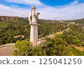 Aerial panoramic view of statue of Mother of Georgia Kartlis Deda by georgian sculptor Elguja Amashukeli from drone. Monument overlooking Tbilisi City from Sololaki Hill. Erected in 1958. Europe. 125041250