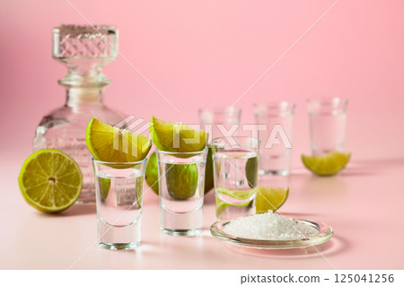 Mexican tequila with lime and sea salt on a pink background. Mexican tequila with lime and sea salt on a pink background. 125041256