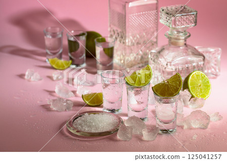 Tequila with lime, sea salt, and crushed ice on a pink background. Tequila with lime, sea salt, and crushed ice on a pink background. 125041257