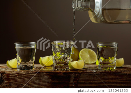 Tequila with salt and lime slices on a old wooden board. 125041263