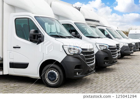 Fleet new modern electric hybrid hydrogen or diesel white vans parked in line row outdoors. Cargo freight industrial courier transportation logistics service. Commercial vehicle maintenance insurance Fleet new modern electric hybrid hydrogen or diesel white vans parked in line row outdoors. Cargo freight industrial courier transportation logistics service. Commercial vehicle maintenance insurance 125041294