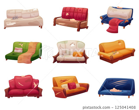 Broken sofa. Messy damages couches, old furniture with damage mattress and springs outward. Couch with dirty pillow and plaid, nowaday vector set 125041408