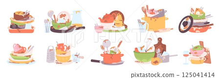 Stacks of dirty dishes. Messy kitchenware, piles of dishes plates cups bowls. Pots and pans with fat, crockery and utensils after food, racy vector set Stacks of dirty dishes. Messy kitchenware, piles of dishes plates cups bowls. Pots and pans with fat, crockery and utensils after food, racy vector set 125041414