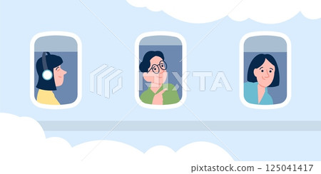 People looking out porthole. Passengers on plane board looking outside. Flight on vacations, travel to home. Tourists rest in aircraft, recent vector scene 125041417