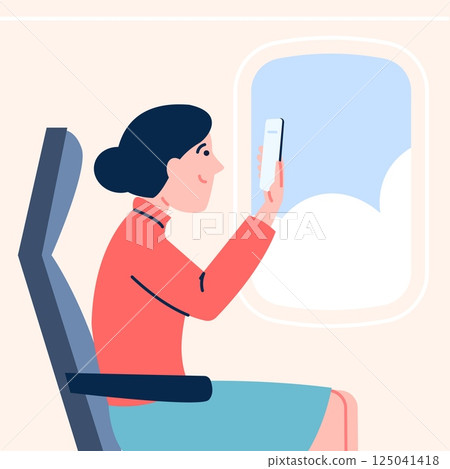 Passenger travel by plane. Girl takes pictures of sky on smartphone in aircraft porthole. Flight on holiday or home, airplane tourism, recent vector scene 125041418