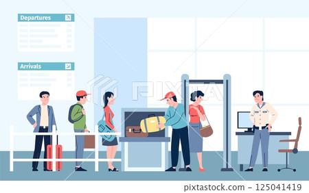 Airport security check. Passengers queue with bags and luggage to x-ray claim. People on checkpoint on railway or bus station terminal, recent vector scene 125041419