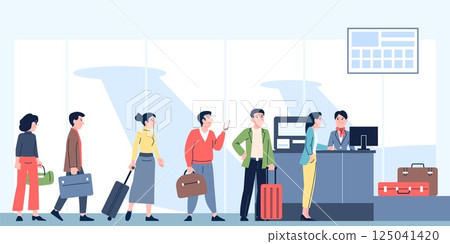 Airport check in queue. Travellers queue with luggage in terminal. Departure or transfer area, people registration on desk, recent vector scene Airport check in queue. Travellers queue with luggage in terminal. Departure or transfer area, people registration on desk, recent vector scene 125041420