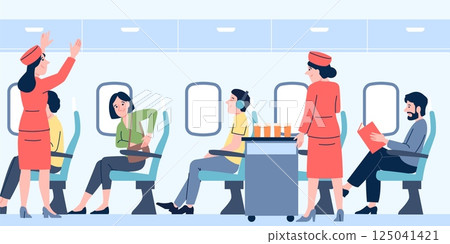 People in plane. Boarding complete, passengers sitting on board, stewardess with drinks in aisle. Travel by airplane, flight service recent vector scene 125041421