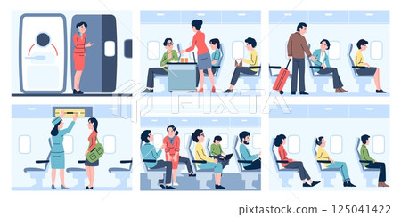 Inside airplane. Passengers travel by aircraft, boarding time, board in complete. Working stewardesses, travellers with luggage in plane, recent vector scenes Inside airplane. Passengers travel by aircraft, boarding time, board in complete. Working stewardesses, travellers with luggage in plane, recent vector scenes 125041422