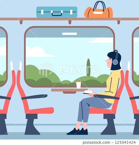 Girl travel by train. Single young woman sitting in carriage, drink coffee listen music and reading. Public transport, railway journey, recent vector scene Girl travel by train. Single young woman sitting in carriage, drink coffee listen music and reading. Public transport, railway journey, recent vector scene 125041424