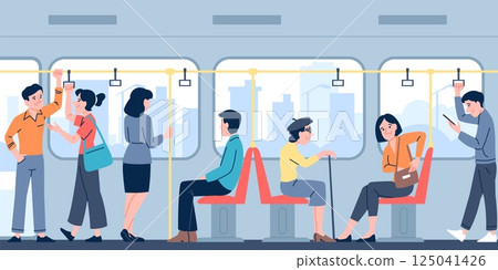 People inside bus. Passengers sitting and standing in public transport. Men women commute by trolleybus or tram, talking and reading, recent vector scene 125041426