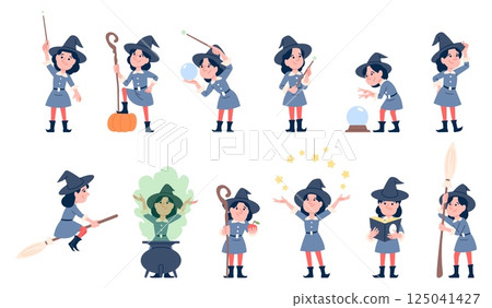 Girl witch character. Kid in halloween costume with hat. Little witch learning magical with magic wand, practices spells, brews potion, recent vector set 125041427
