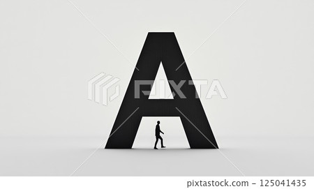A striking minimalist composition featuring an extreme close-up of a massive black Times-style letter "A" set flat against a pure white background. Generative AI A striking minimalist composition featuring an extreme close-up of a massive black Times-style letter "A" set flat against a pure white background. Generative AI 125041435