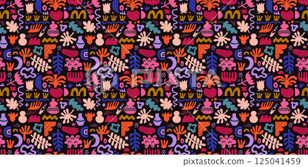 Abstract organic shape seamless pattern with naive geometric doodles in violet shades. Abstract organic shape seamless pattern with naive geometric doodles in violet shades. 125041459