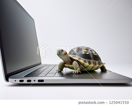 白色背景中的一台打開的筆記型電腦和一隻烏龜 125041550