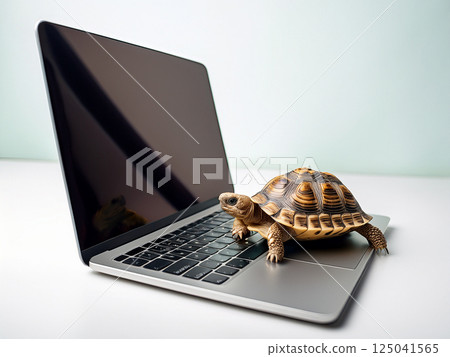 An open laptop and a turtle on a white background An open laptop and a turtle on a white background 125041565