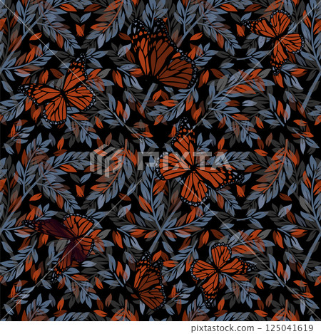 Blue and orange seamless background twigs and leaves with butterflies. hand drawing. Not AI, Vector illustration Blue and orange seamless background twigs and leaves with butterflies. hand drawing. Not AI, Vector illustration 125041619