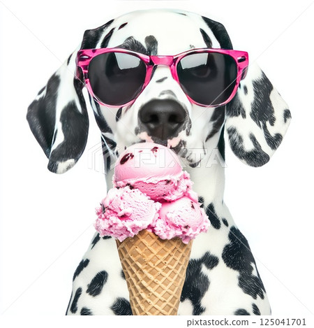 Confident Dalmatian in sunglasses enjoying pink ice cream on a sunny day Confident Dalmatian in sunglasses enjoying pink ice cream on a sunny day 125041701