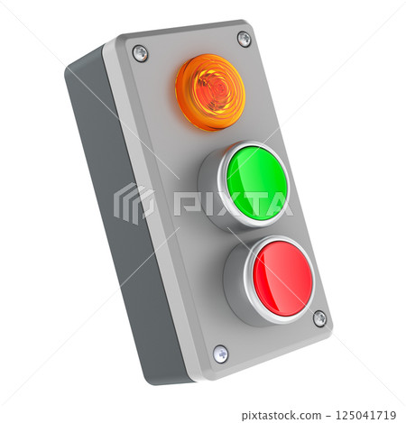 Push button station switch with green start and red stop buttons. 3D rendering 125041719