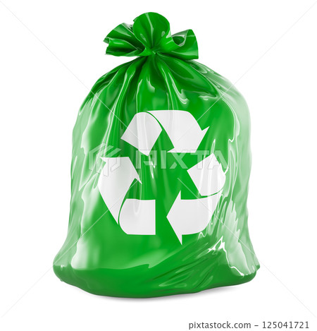 Green full garbage bag with recycle symbol, 3D rendering 125041721