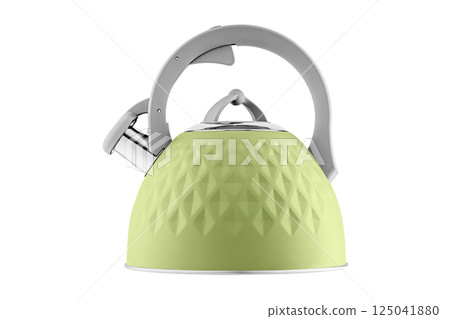 kettle with whistle, matte Yellow color, with rhombus texture on isolated and white background 125041880