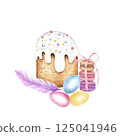 Easter cake drawn in watercolor, illustration on a white background. Happy easter Cute easter patterns, baking for the holiday. 125041946