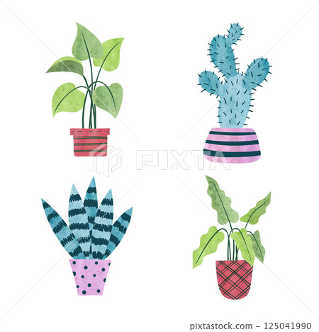 Set of watercolor plants in pots isolated on white 125041990