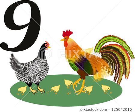 Collection number for kids farm animals - number 9, chicken. 125042010