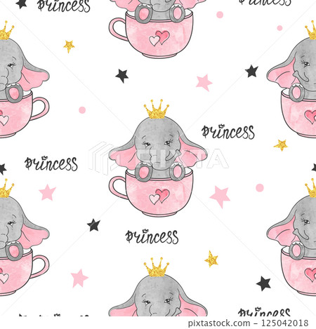 Seamless cute elephant princess pattern. Baby print, kids textile design Seamless cute elephant princess pattern. Baby print, kids textile design 125042018