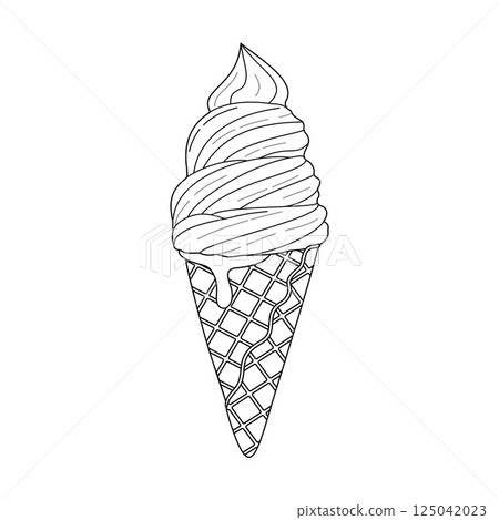 Ice cream in a waffle cone doodle style isolated. Hand drawn line art style coloring page. Ice cream in a waffle cone doodle style isolated. Hand drawn line art style coloring page. 125042023