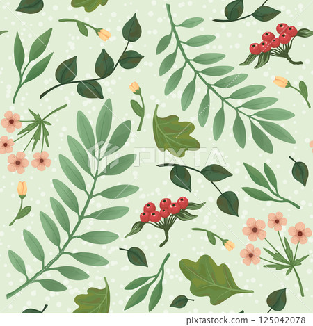 Seamless pattern with flowers, greenery, leaves and berries Seamless pattern with flowers, greenery, leaves and berries 125042078