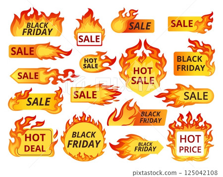 Sale fire badges. Hot deal flame label tag, burn red price special offer text free shopping discount promotion banner sticker market flaming prices button, tidy vector illustration Sale fire badges. Hot deal flame label tag, burn red price special offer text free shopping discount promotion banner sticker market flaming prices button, tidy vector illustration 125042108