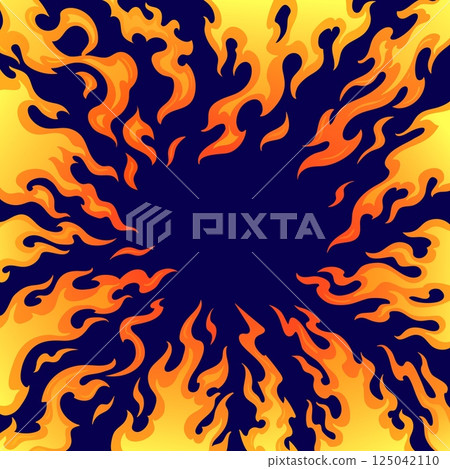 Comic flame frame. Cartoon fire blow bang attack background, dragon or superhero effect bomb explosion burning burst blast hot heat wave book backdrop, tidy vector illustration 125042110